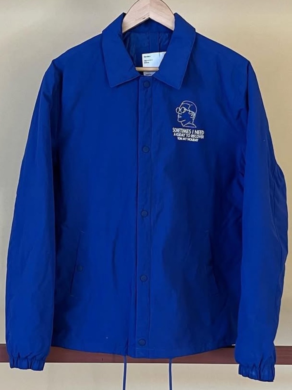 Bershka Men's Bright Blue Coach Jacket with White Chest Graphic